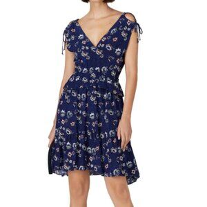Floral Print Dress Navy Blue Sleeveless Tie‎ Strap V Neck Tiered Mini